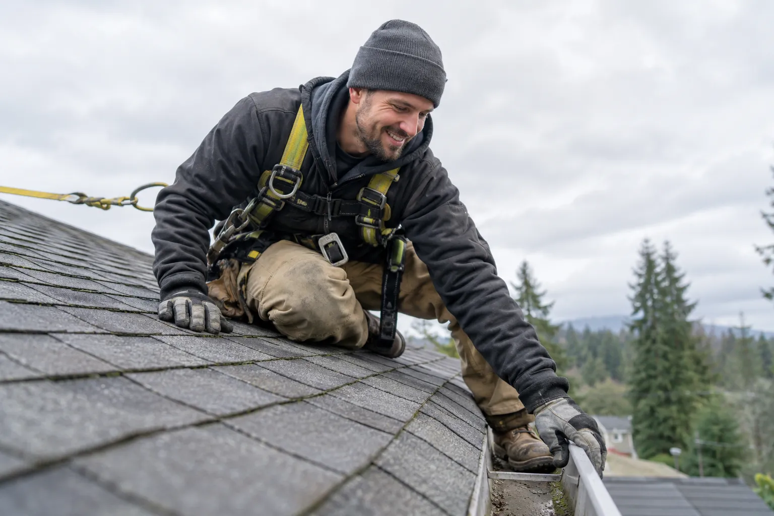 Roofing provider checking shingles on a home in the Hubbard area